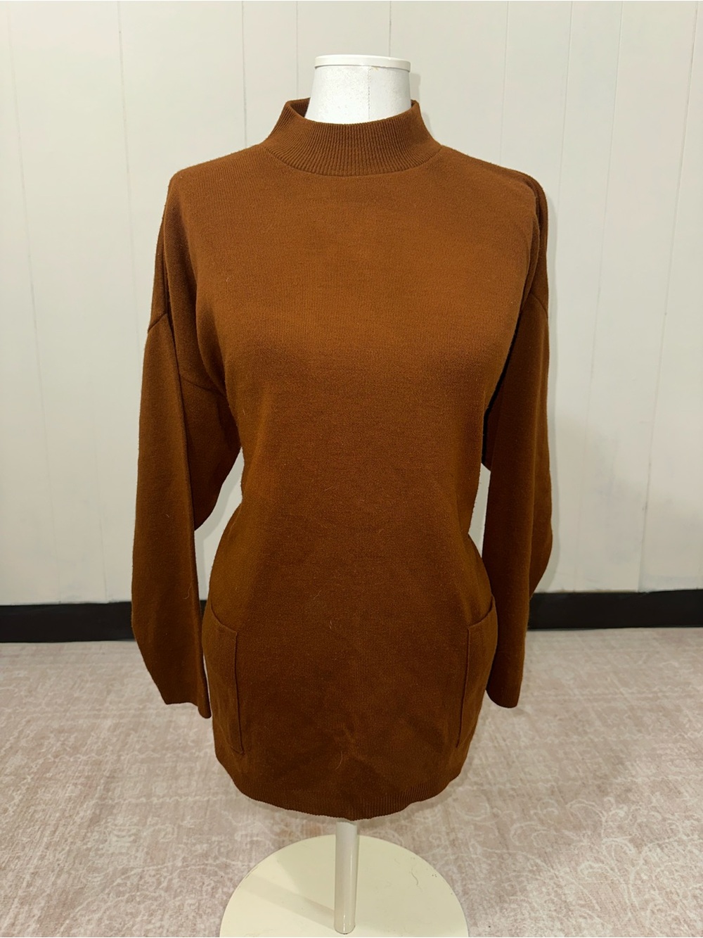 Cozy Mock Neck Long Sleeve Tunic Sweater - Rusty Burnt Orange